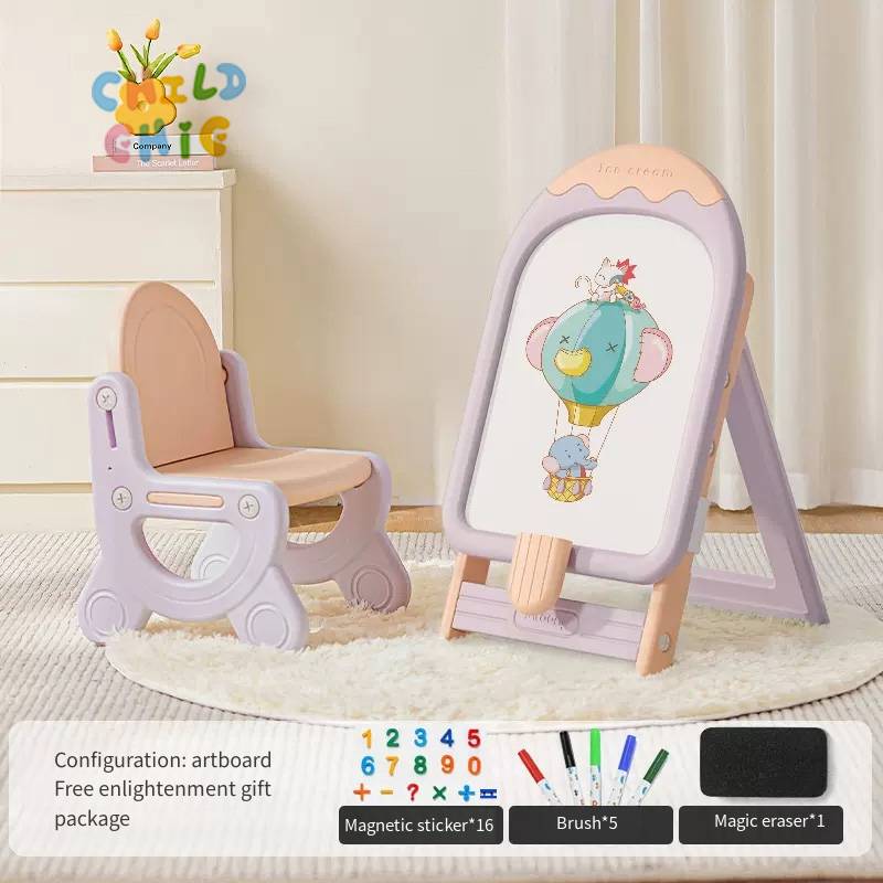 Cute Ice Cream Shaped Kids Drawing Board Easel Set with Chair & Complete Art Supplies for Toddlers