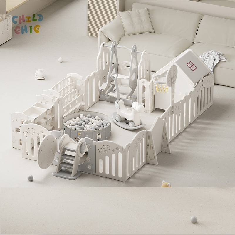 Baby Playpen Foldable Play Yard with Swing, Slide & Basketball Hoop, Safe Activity Center with Gate for Toddlers Indoor Play