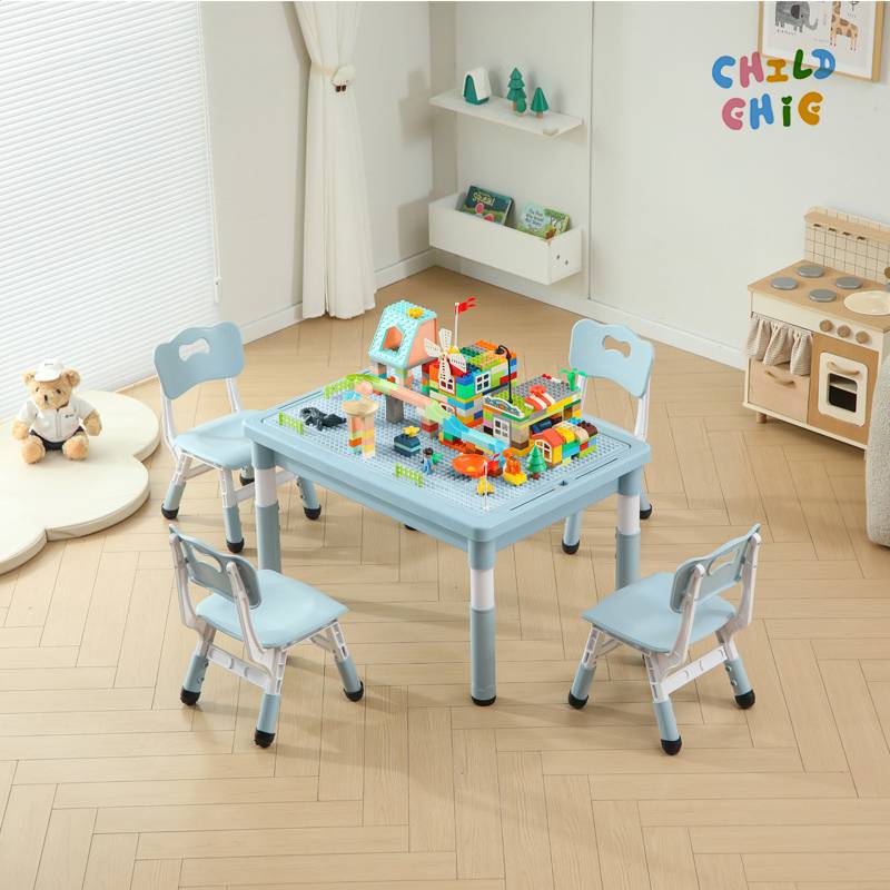 Children's Plastic Storage Table Compatible for Large Particle Building Blocks Modern Design Table Chairs Study Writing
