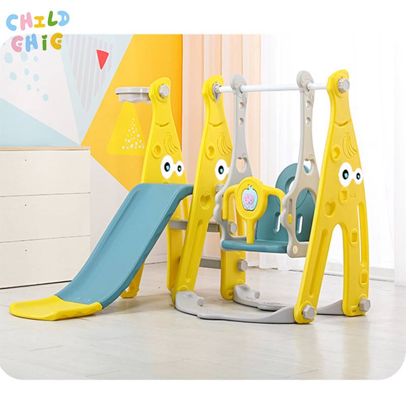 Banana Themed 3-in-1 Kids Indoor Slide and Swing Set with Basketball Hoop for Toddler Playground