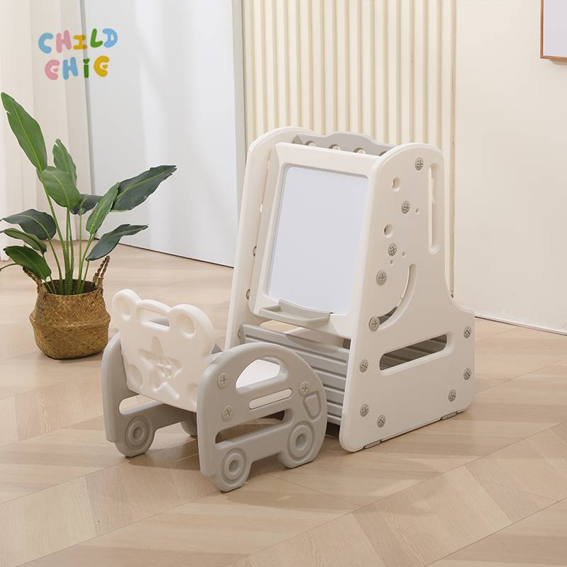 3-in-1 Children Art Easel with Chair and Bookshelf Toddler Drawing Board Toy Storage Organizer Set for Kindergarten School