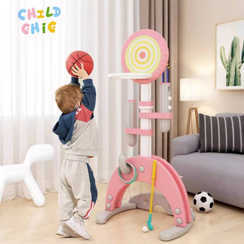 Adjustable Height 5-in-1 Kids Basketball Hoop Stand Set Indoor Outdoor Toddler Sports Activity Center with Golf Archery