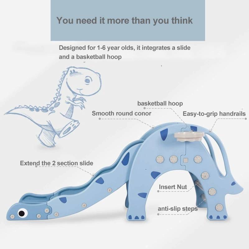Dinosaur 2 in 1 Kids Indoor Slide with Basketball Hoop, Extendable Toddler Play Slide for Home