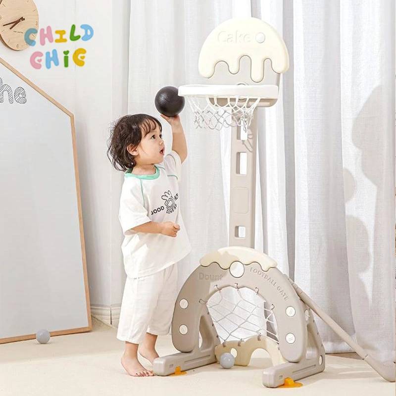 Toddler 3-in-1 Sports Center with Cute Ice Cream Design – Adjustable Basketball Hoop, Soccer Goal & Golf Game for Kids