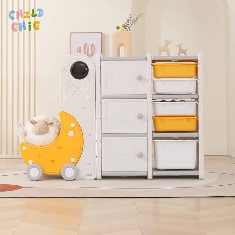 Space Astronaut Kids Toy Storage Cabinet Eco-Friendly HDPE Children Organizer Rack with Removable Moon Toy Cart for Bedroom