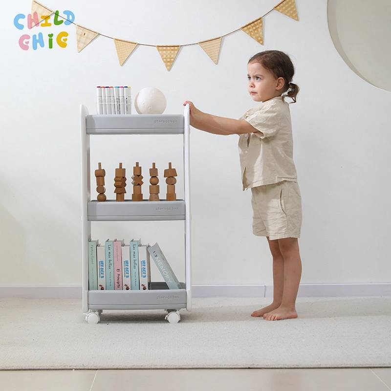 3-Tier Plastic Mobile Snack Organizer Utility Trolley Multi-Functional Kids Toy Storage Rolling Cart with Wheels