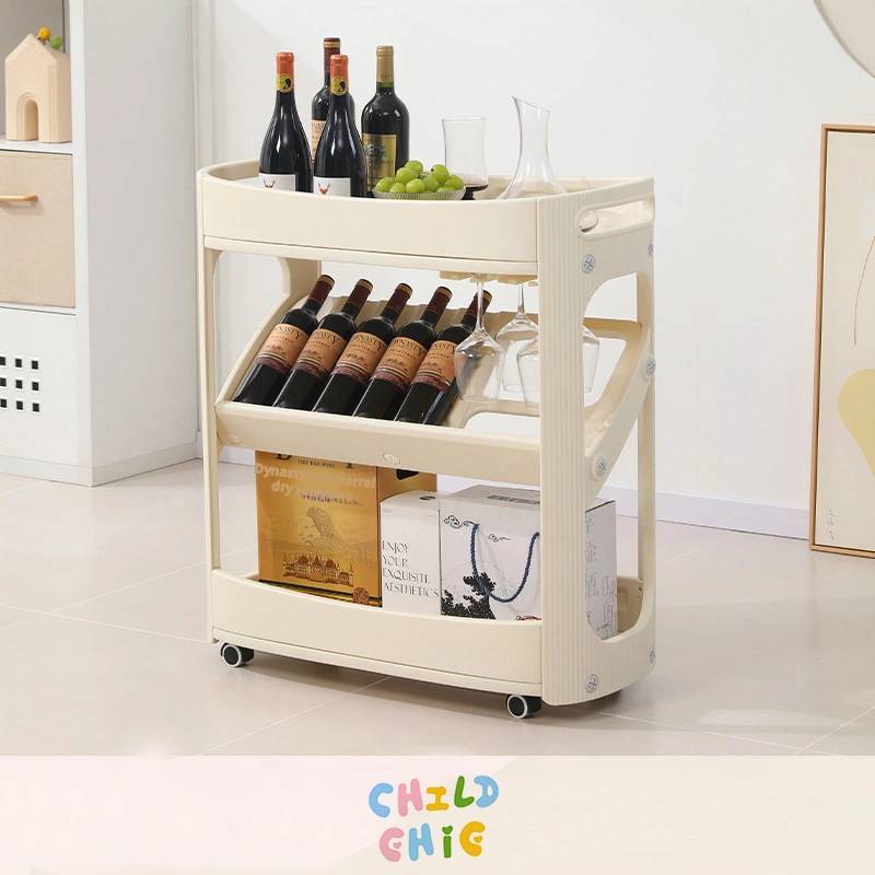 Modern Plastic Mobile Bar Cart with Glass Holder 3-Tier Rolling Wine Bottle Storage Shelf Service Trolley with Wheels