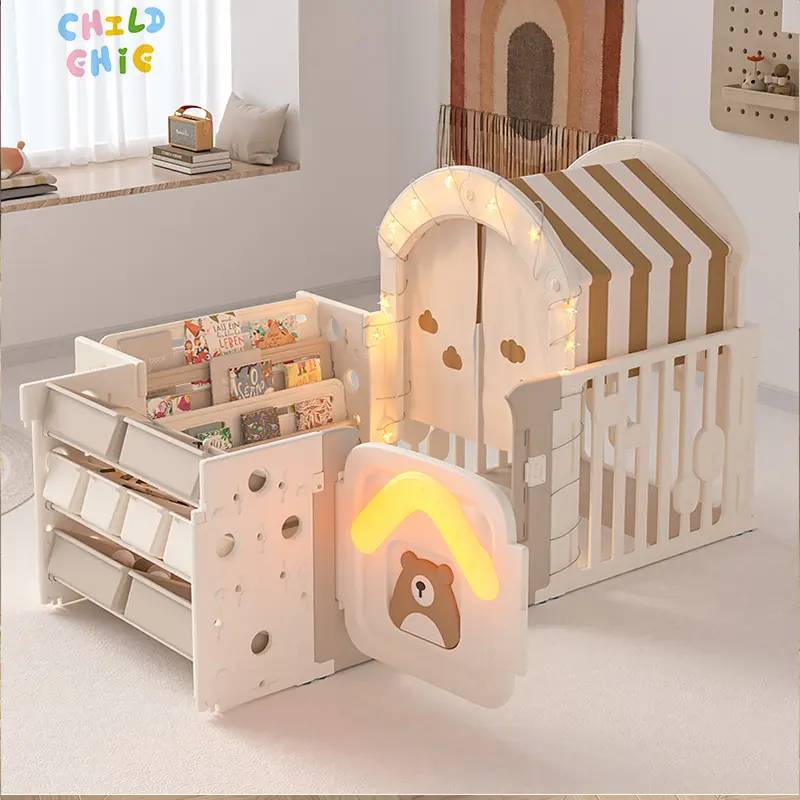 3-in-1 Kids Playhouse with Bookshelf Storage Rack Baby Safety Playpen Indoor Activity Center Play Tent
