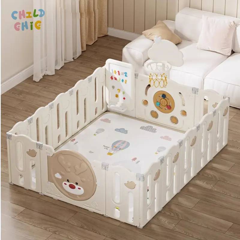 Foldable Baby Playpen with Play Mat Drawing Board Basketball Hoop Reindeer HDPE Indoor Play Yard