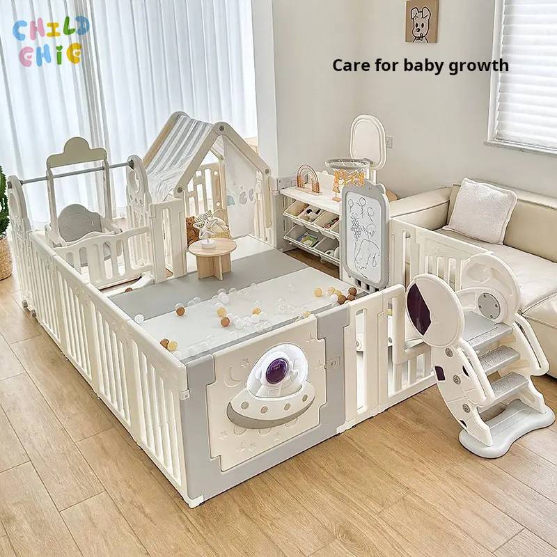 Space Theme Kids Playpen with Slide Swing Rocking Horse HDPE Indoor Playground Activity Center