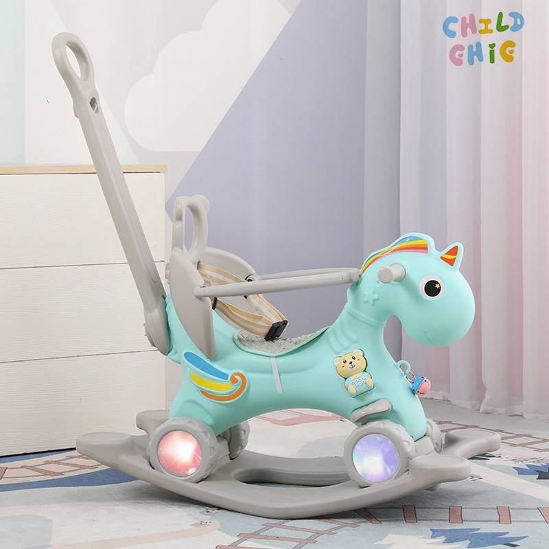 3 in 1 Unicorn Rocking Horse Toddler Slide Car Push Stroller Ride on Toy HDPE Silent Glowing Wheels ASTM EN71