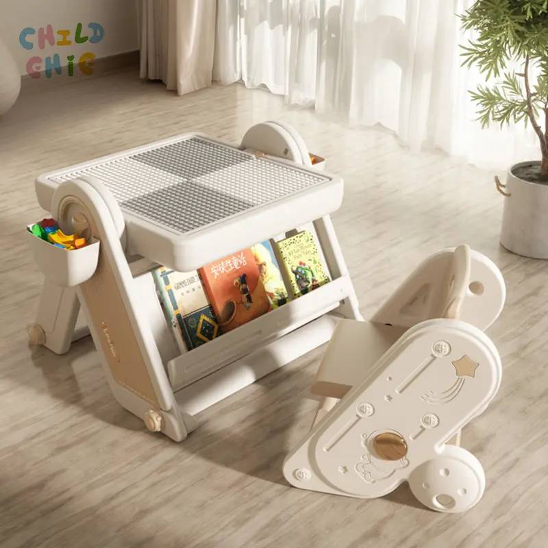 3 in 1 Kids Building Block Table and Chair Set Rotary Drawing Board Vertical Block Wall Storage Toy Desk