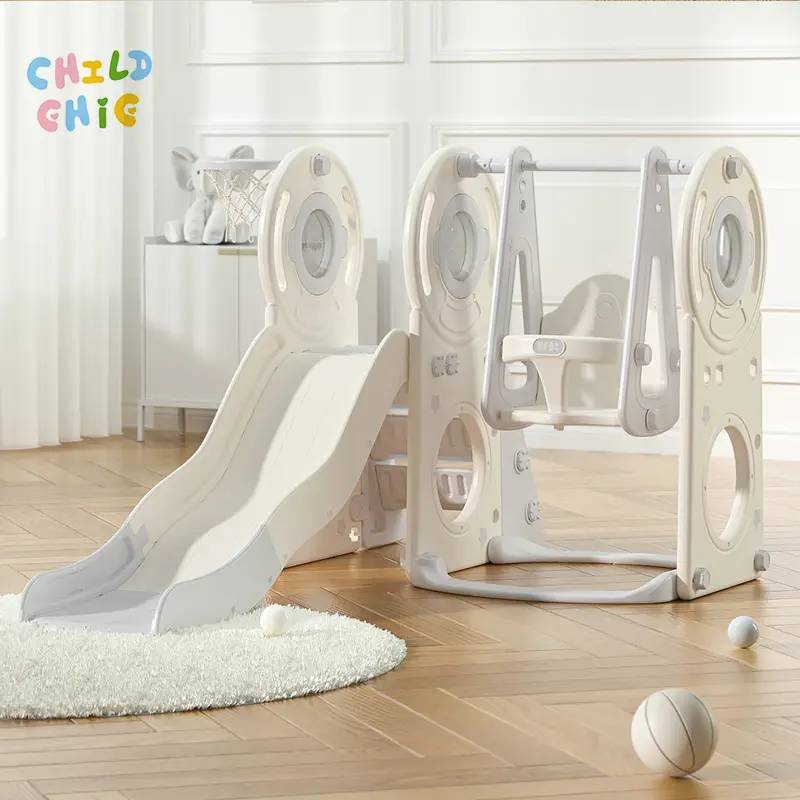 3-in-1 Kids Indoor Slide and Swing Set with Basketball Hoop Toddler Multi-functional Playground Equipment for Home