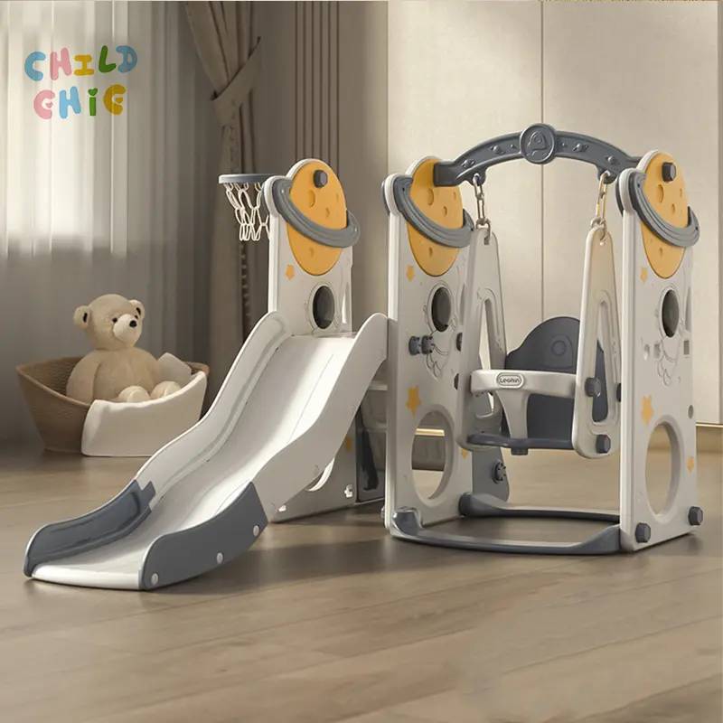 3-in-1 Space Theme Kids Indoor Slide and Swing Set with Basketball Hoop Multi-functional Playground for Toddler