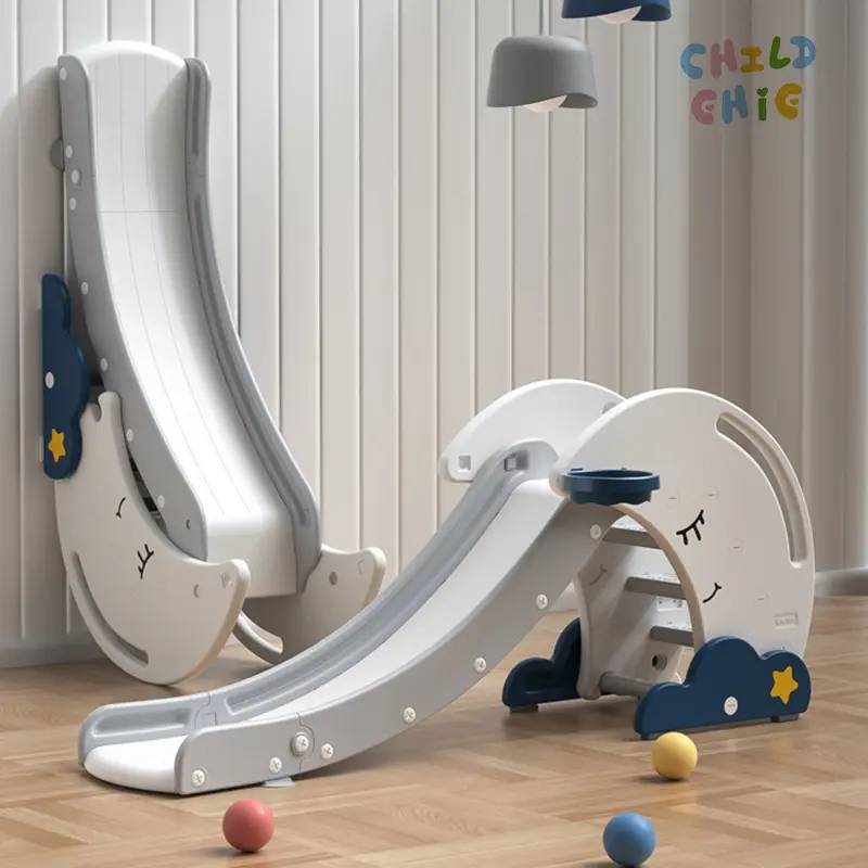 Foldable Moon Theme Kids Indoor Slide with Basketball Hoop Space Saving Toddler Playground Equipment for Home