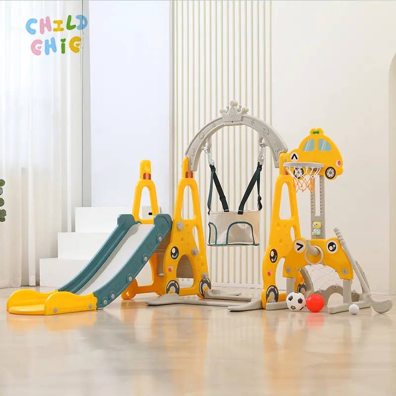 6-in-1 Multi-functional Kids Indoor Slide and Swing Set with Basketball Hoop Soccer Goal Home Playground