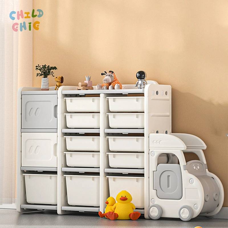 Cartoon Car Theme Kids Toy Storage Organizer with Openable Door Large Capacity HDPE Modular Storage Cabinet