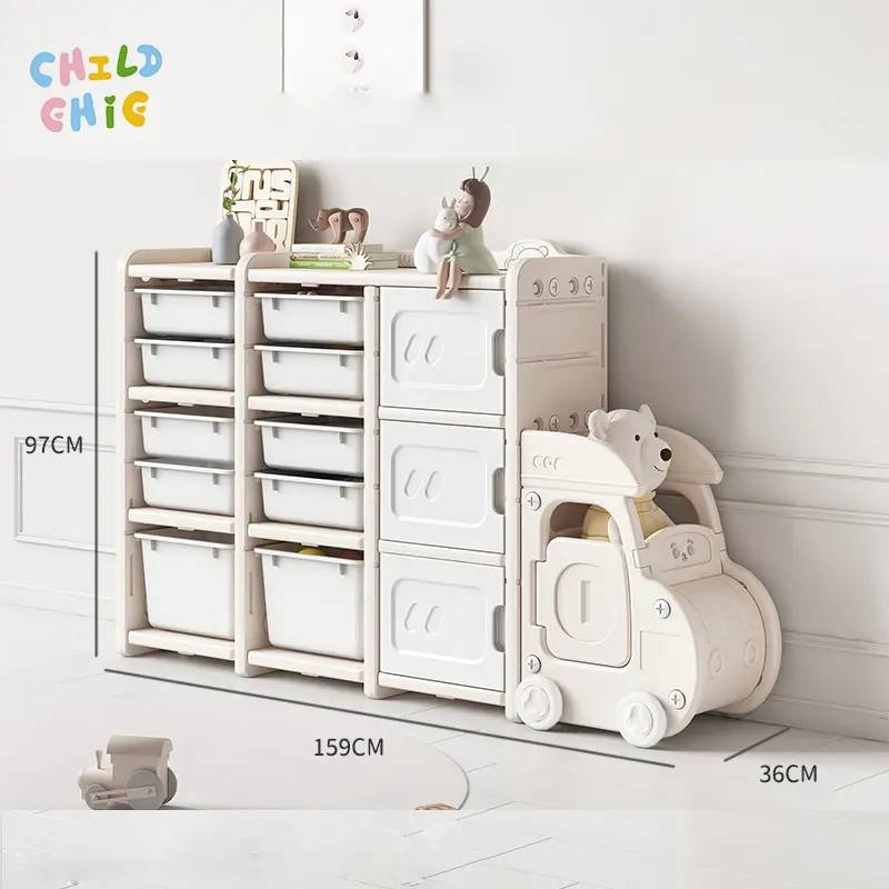Montessori Large Capacity Kids Toy Storage Unit with Creative Car Front Design Zero Formaldehyde HDPE Nursery Organizer