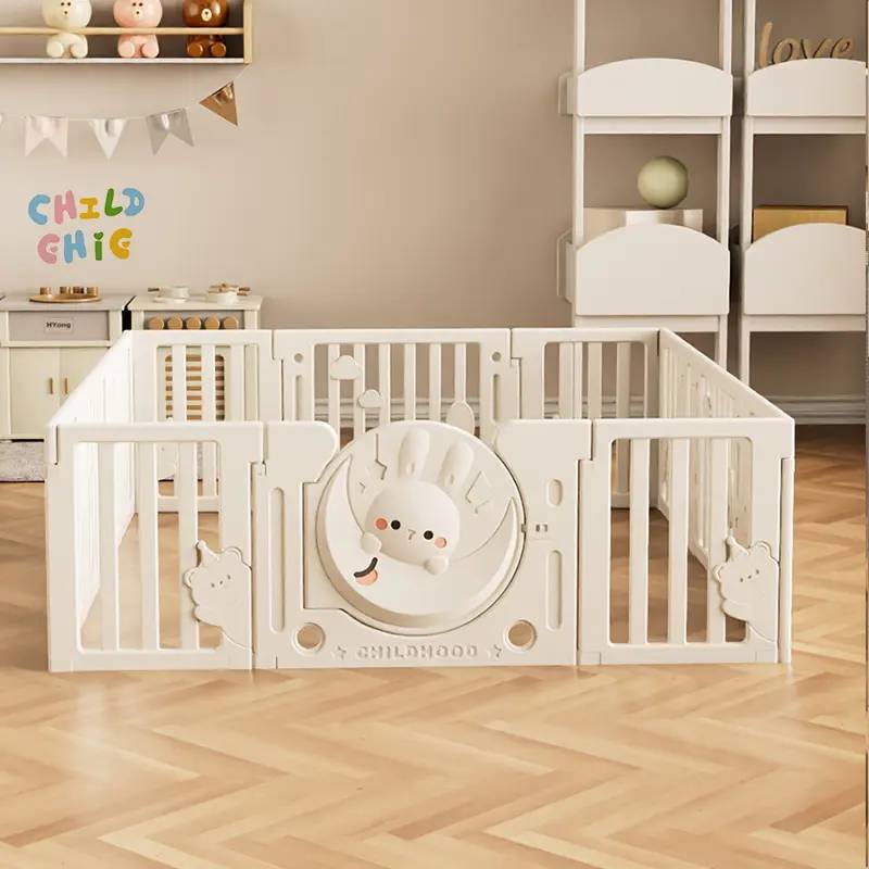 Grand parc pliable en PEHD pour bébés, centre d'activités d'intérieur pour enfants, motif lapin et lune, barrière de sécurité pour tout-petits, style Montessori