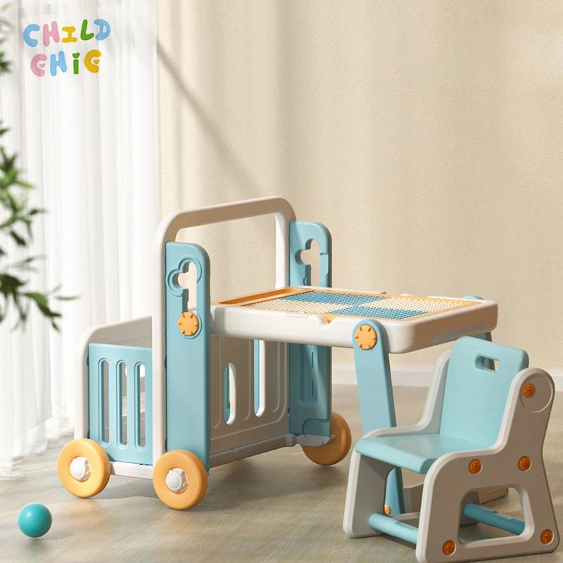 6 in 1 Kids Activity Table and Chair Set with Building Blocks Drawing Board Storage Toy Cart Montessori Learning Desk