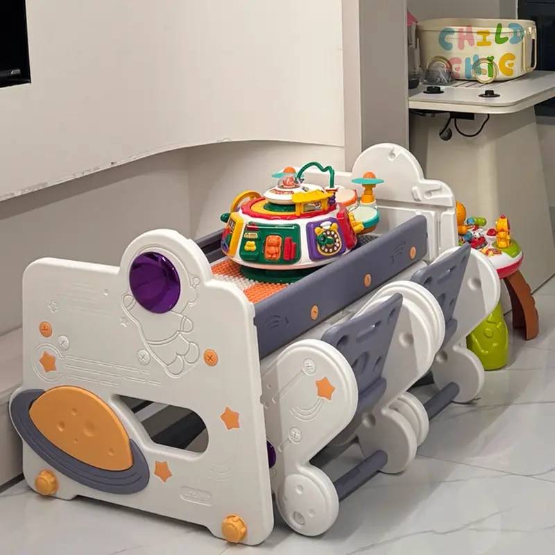 Space Theme 2 Seater Kids Activity Table and Chair Set Large Building Block Table for Two Toddlers Study Desk with Storage