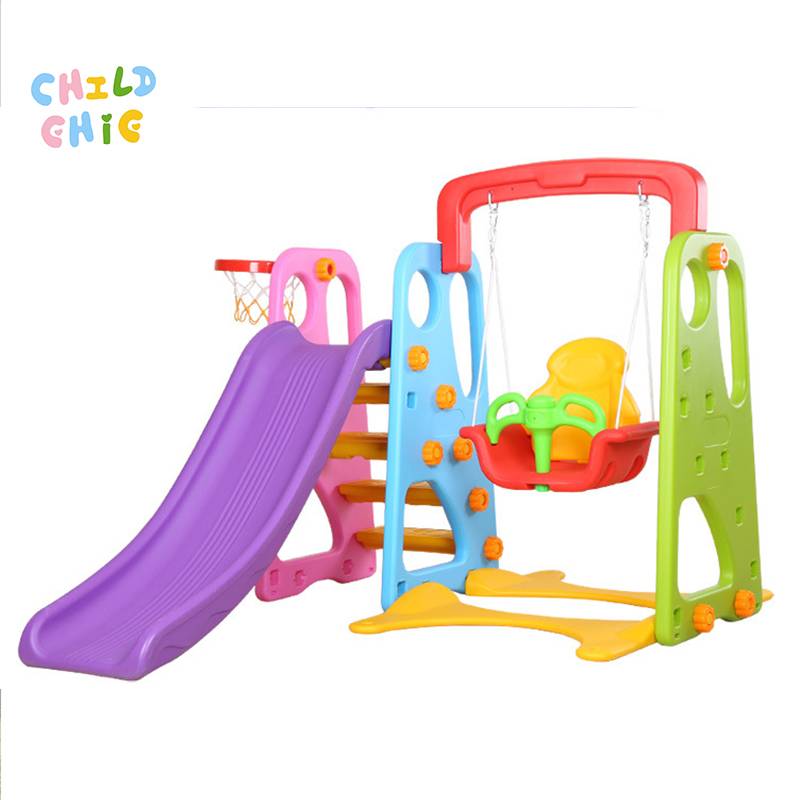 3-in-1 Kids Indoor Slide and Swing Set for Toddlers Home Playground with Basketball Hoop