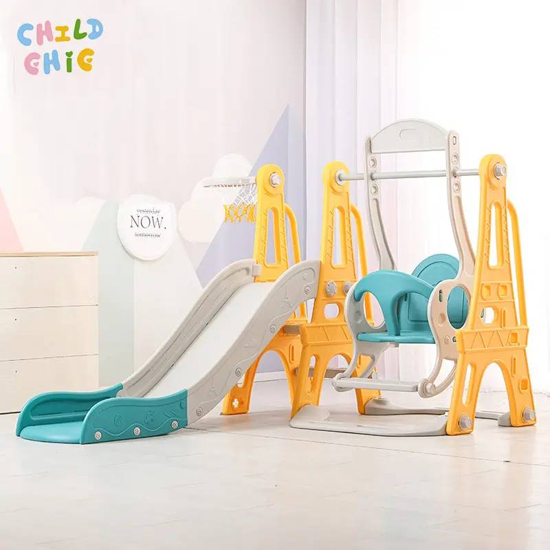3-in-1 Kids Slide and Swing Set Toddlers Home Playground with Basketball Hoop for Kids Play