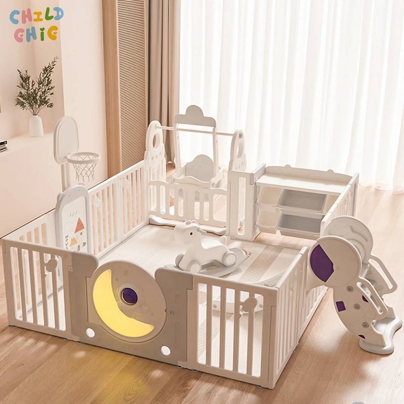 Parc pour bébé tout-en-un avec toboggan, balançoire et panier de basket, en PEHD, style Montessori, pour l'éveil sensoriel des tout-petits.