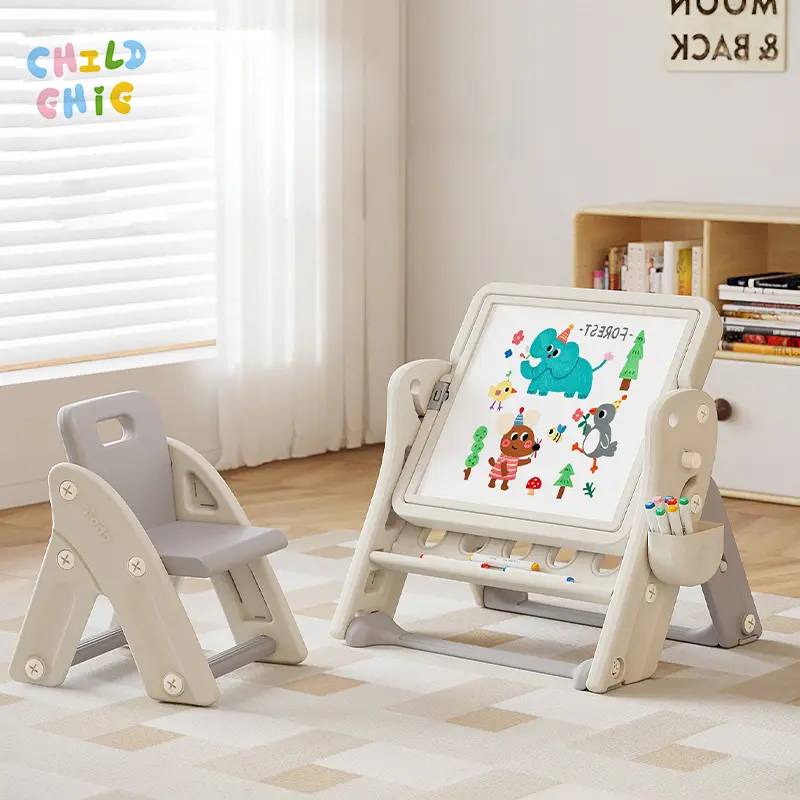 Conjunto de mesa y silla infantil 4 en 1. Mesa multifuncional con bloques de construcción, pizarra magnética y espacio de almacenamiento.