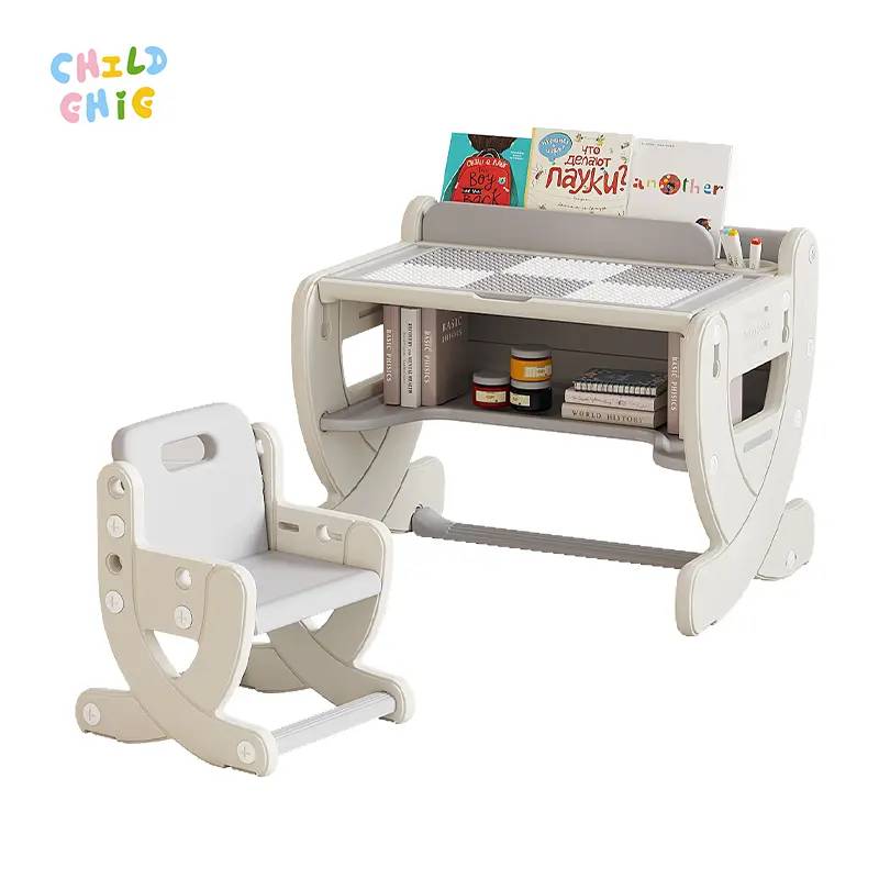 Mesa y silla de bloques de construcción 2 en 1 para niños. Escritorio multifuncional de doble cara para pintar y dibujar.
