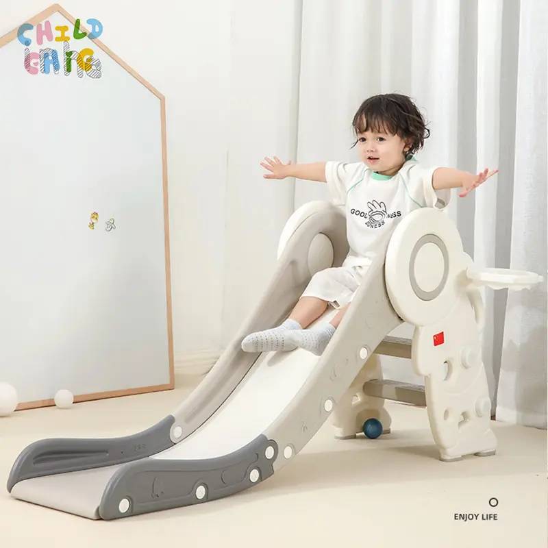 Spaceman Shaped Kids Slide with Basketball Hoop, Indoor Toddler Freestanding Play Slide for Home