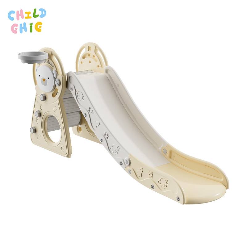 Cream Bear Foldable Toddler Slide Space Saving Vertical Storage Kids Indoor Play Slide with Buffer Zone