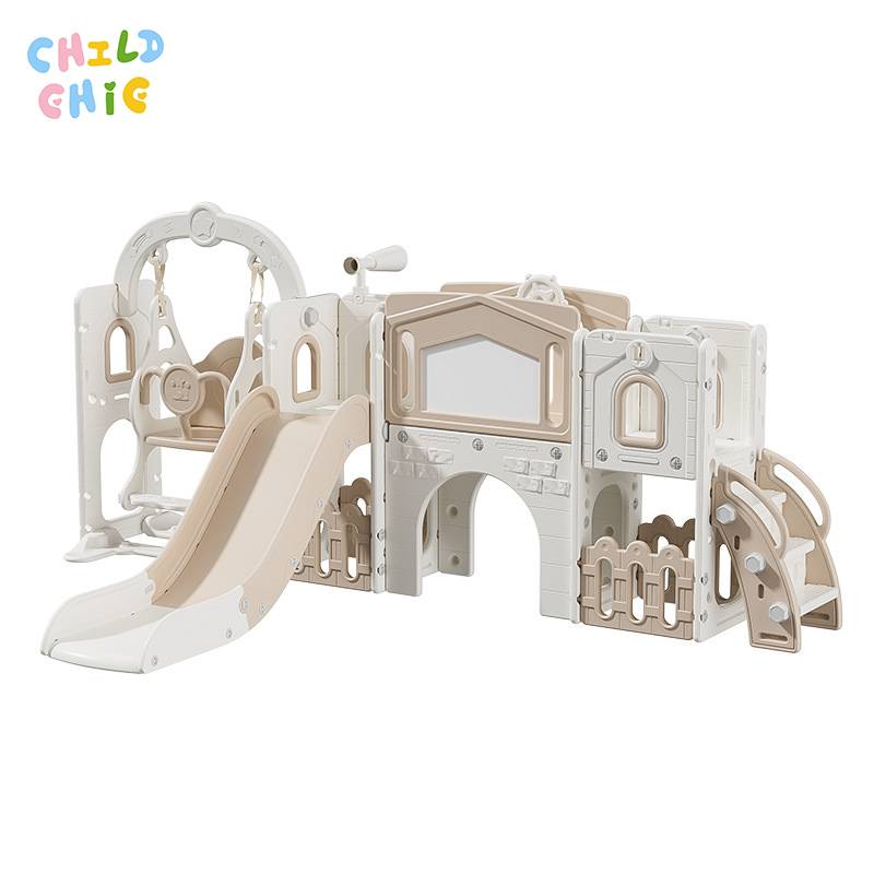 Cream Castle Kids Indoor Playground All-in-One Slide Swing Playhouse with Buffer Slope & Multi Game Function