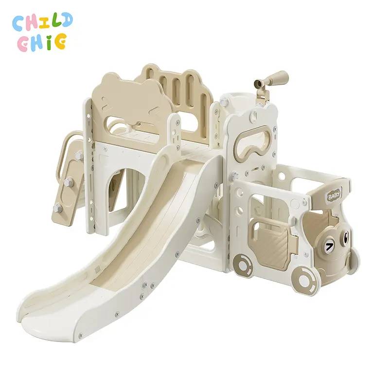 Cream Cartoon Car Kids Indoor Play Slide Multigame Toddler Playhouse with Stable Load-Bearing Structure