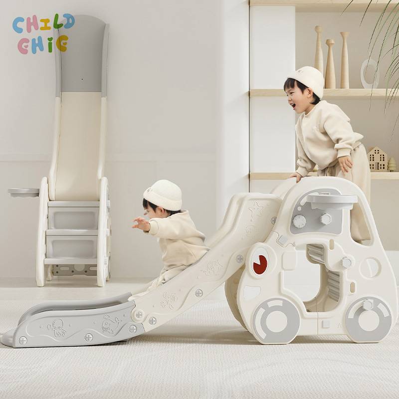 Cream Grey Car Shaped Foldable Toddler Slide Indoor Safe Kids Play Slide with Basketball Shooting Function