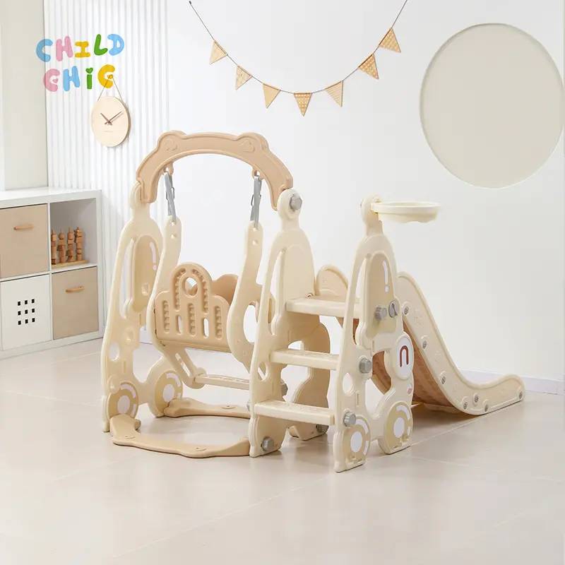 3 In 1 Kids Slide Swing Combo Cartoon Car Indoor Toddler Play Slide with Basketball Hoop for Kids