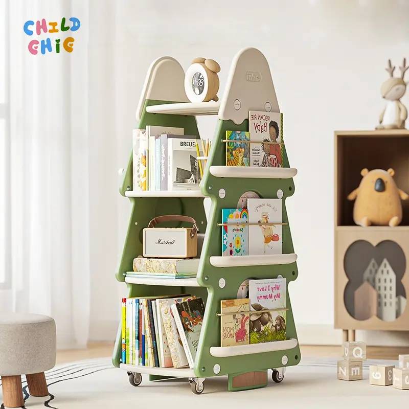 Rolling Tree Shaped Kids Bookshelf, Multi-layer Mobile Toddler Book Storage Rack with Wheels for Playroom