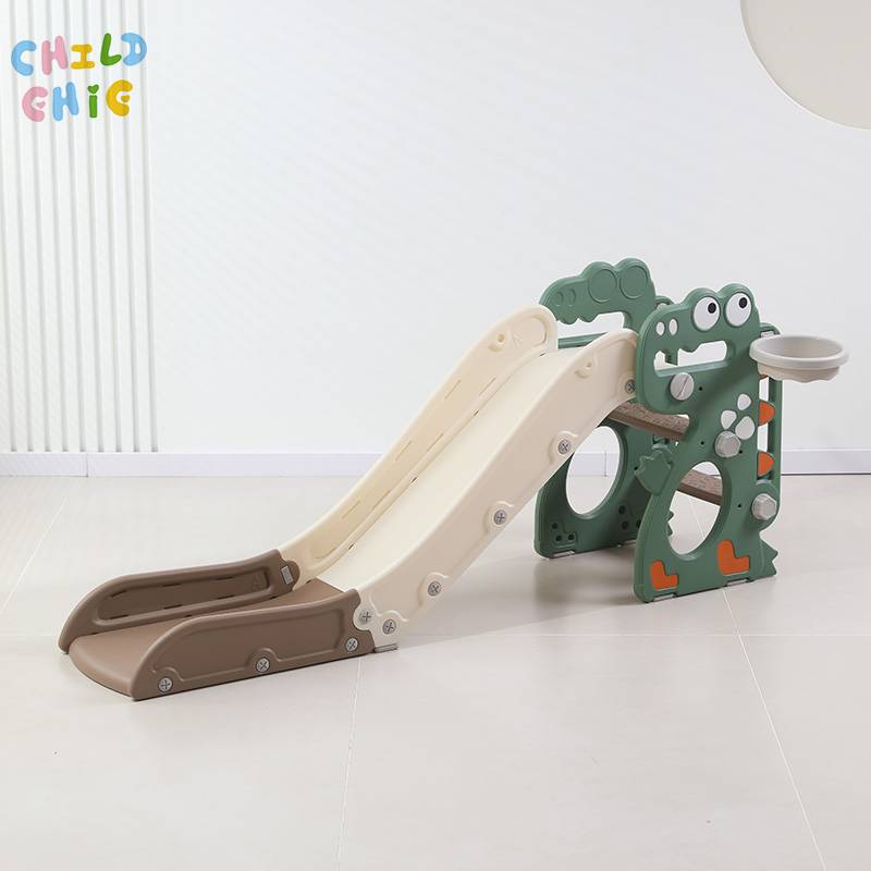 Dinosaur Kids Slide with Basketball Hoop & Ring Toss, Foldable Indoor Toddler Play Slide for Home Playroom