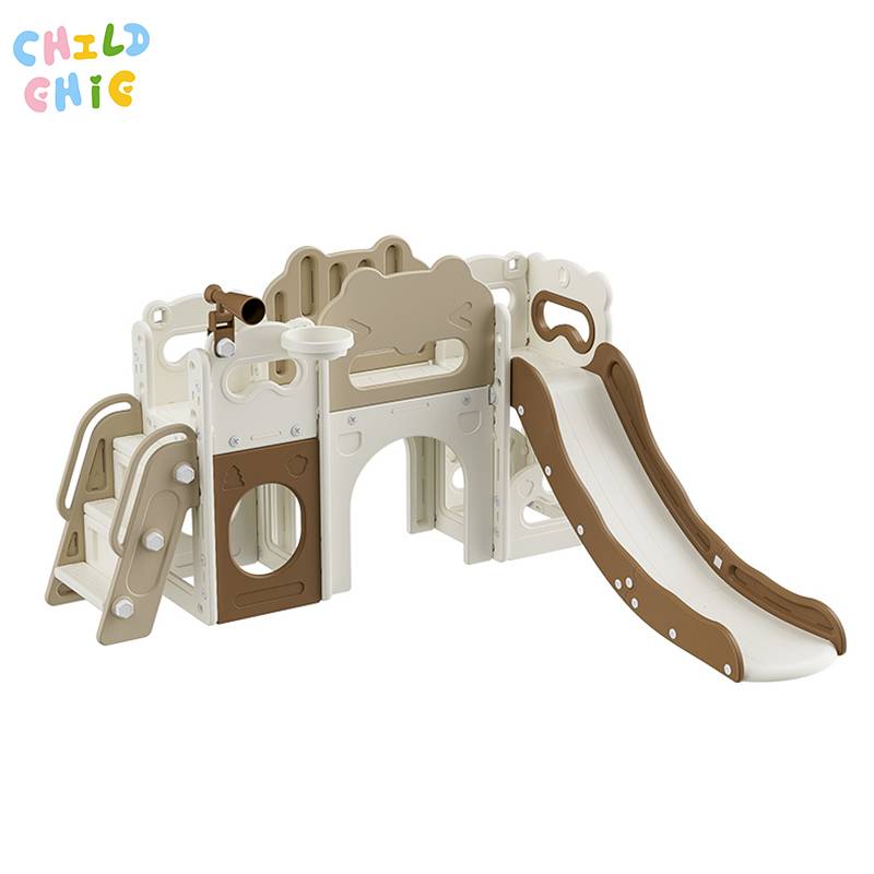 Bear Kids Playhouse Slide Playset with Climber, Crawl Tunnel & Basketball Hoop, Large Indoor Toddler Activity Play Center