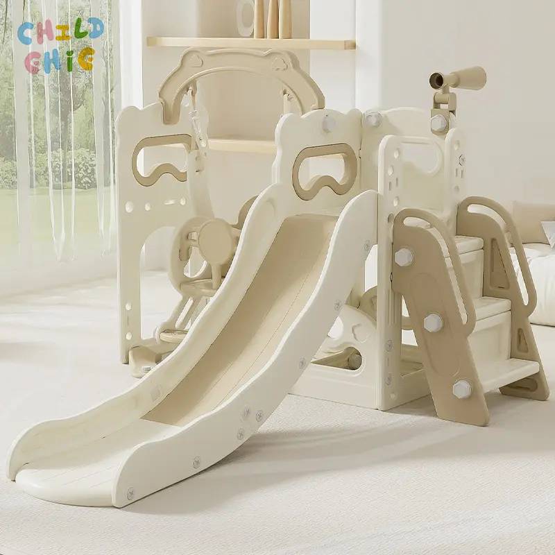 Cream Kids Slide Swing Playhouse Combo Indoor Toddler Multifunctional Play Castle with Stairs for Home Use