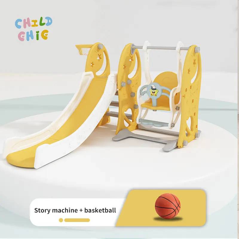 3 in 1 Kids Slide Swing Set with Basketball Hoop & Story Machine, Indoor Toddler Play Combo
