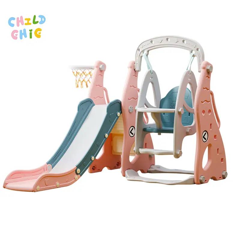 3 in 1 HDPE Kids Slide and Swing Set Basketball Hoop Toddler Indoor Playground Cream Pastel Safety Handrail 