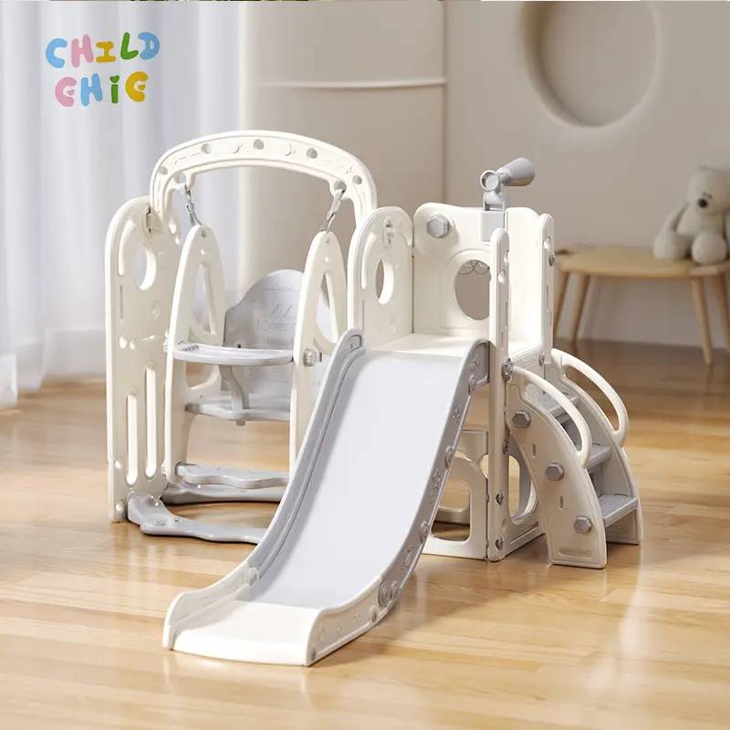 Kids Slide and Swing Set, Multi-function Indoor Plastic Playground, Toddler Play Slide with Swing Basketball Hoop for Home