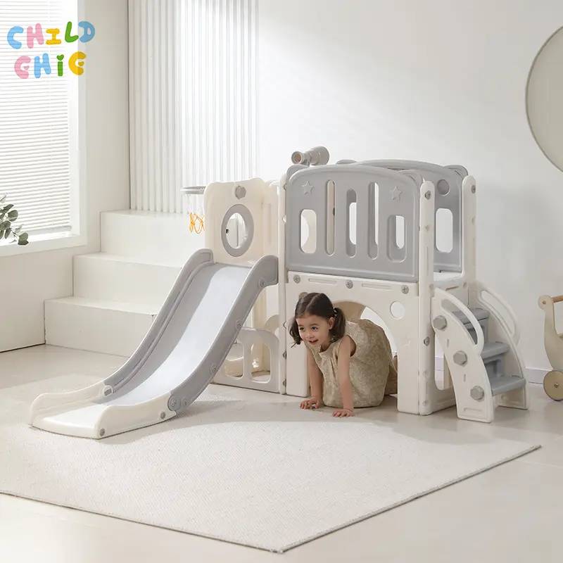 Indoor Children Castle Play Slide Set, Safe Plastic Toddler Activity Playground with Basketball Frame
