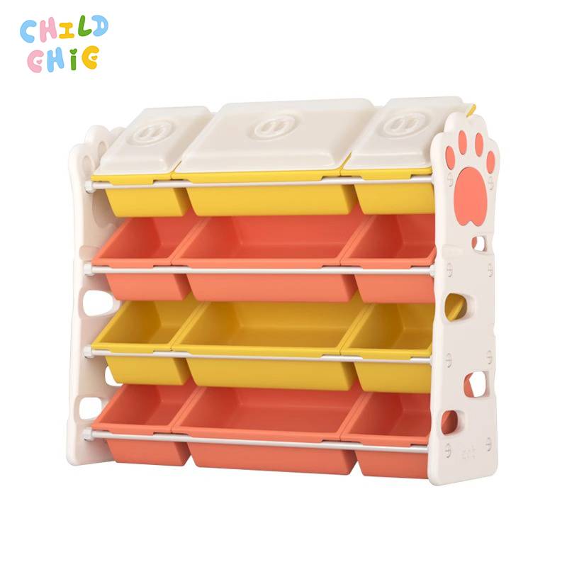 Kids Toy Storage Organizer with Lids, Large Capacity 4-Tier Multi-Bin Toy Shelf, Stable Toddler Storage Unit for Playroom & Bedroom