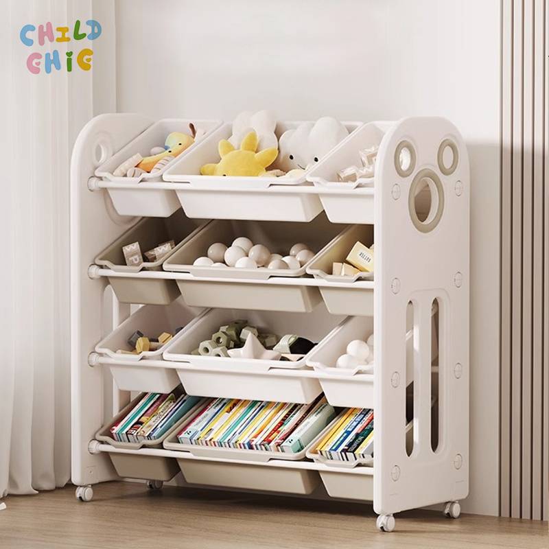 Kids Toy Storage Organizer with Wheels, 4-Tier Multi-Bin Toy Shelf, Mobile Toddler Storage Unit for Playroom & Bedroom