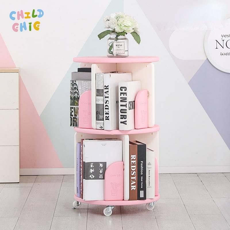 360 Rotating Kids Bookshelf Movable Plastic Children Storage Rack Book Organizer with Wheels for Nursery