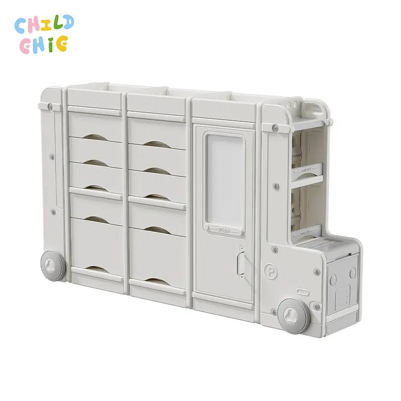 Cartoon Bus Shaped Kids Storage Cabinet, Multi Drawer Large Capacity Children Toy Organizer with Partition Storage
