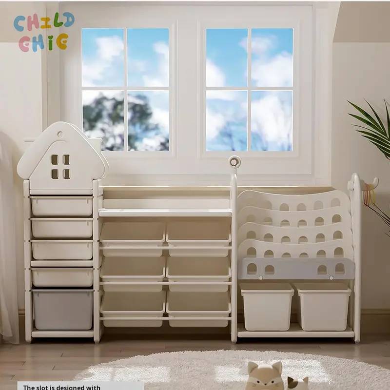 Cute House Style Kids Toy Storage Organizer, Multi Compartment Children Book Shelf with Removable Storage Bins