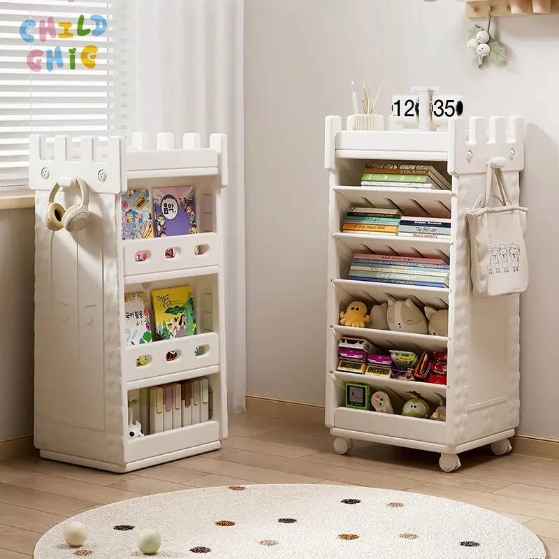 Kids Bookshelf with Wheels Multi-layer Baby Picture Book Storage Rack Movable Children Toy Book Organizer for Home Room